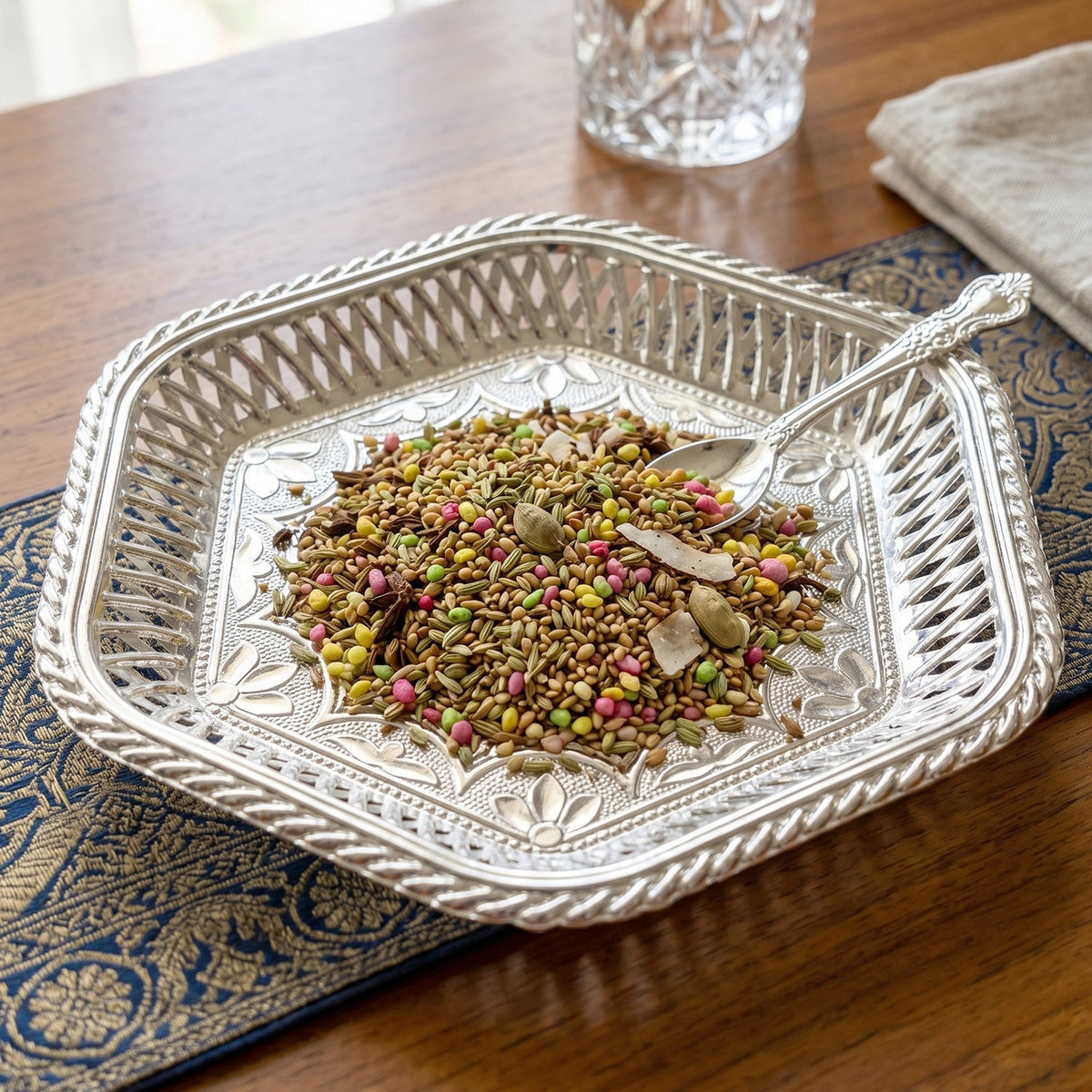 Decorative Silver Serving Tray with Embossed Floral Design for Dry Fruits, Sweets and Festive Serving