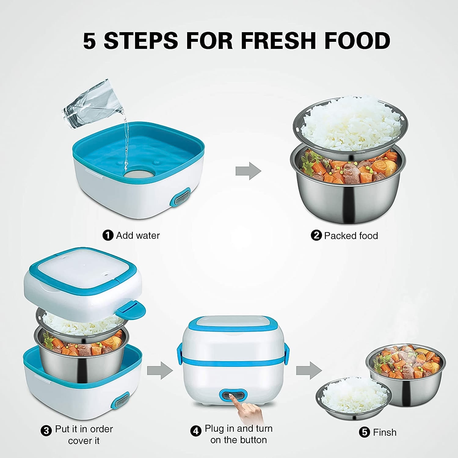 Electric Lunch Box 3 in 1 Food Heater Cooker and Steamer with Stainless Steel Bowls, Egg Steaming Tray, Spoon and Measuring Cup for Office, School and Travel (1 Set)