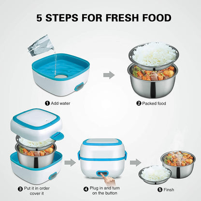 Electric Lunch Box 3 in 1 Food Heater Cooker and Steamer with Stainless Steel Bowls, Egg Steaming Tray, Spoon and Measuring Cup for Office, School and Travel (1 Set)