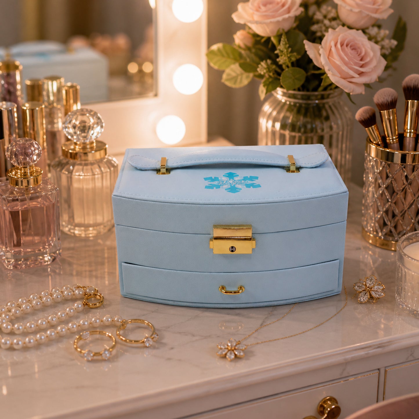 Premium Multi Layer Jewelry Storage Box with Mirror Drawer and Compartments for Rings Earrings Necklaces Bracelets Travel Organizer (1 Set)