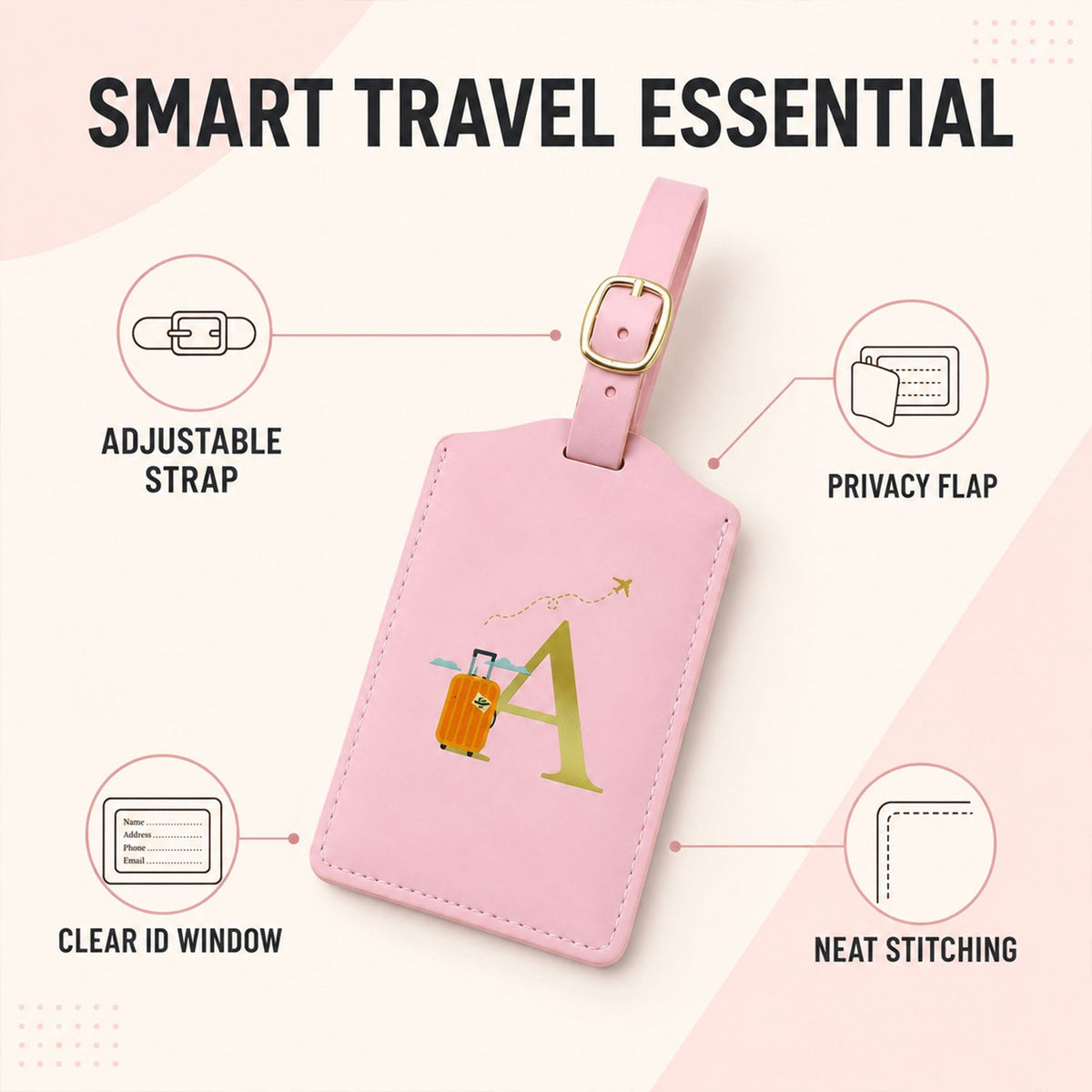 PU Leather Luggage Tag for Suitcase and Travel Bags, Adjustable Buckle Strap Baggage ID Holder with Privacy Cover, Stitched Name Card Tag for Backpacks, Trolley Bags and Business Travel