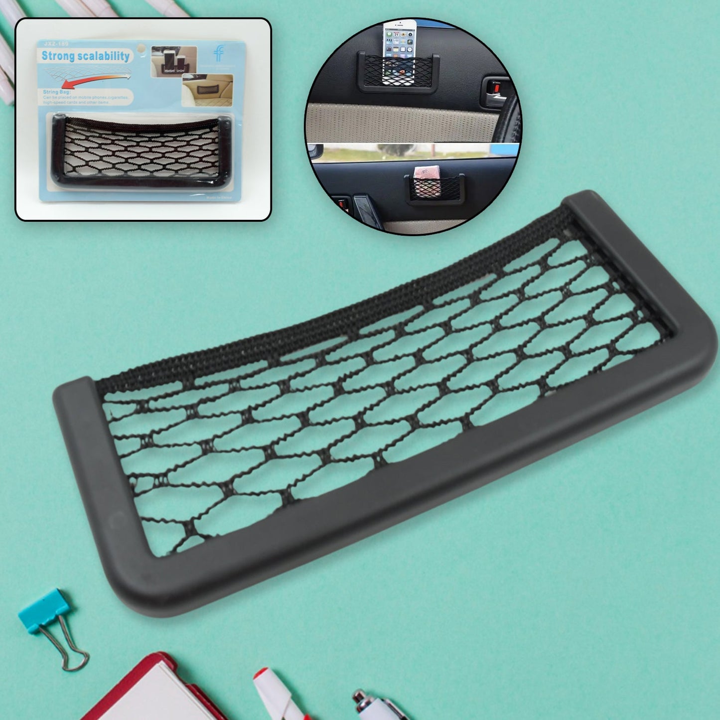 Car Seat Side Mesh Storage Pocket Organizer with Strong Adhesive | Elastic Car Net Bag for Mobile Phone, Wallet, Cards and Small Accessories (1 Pc)