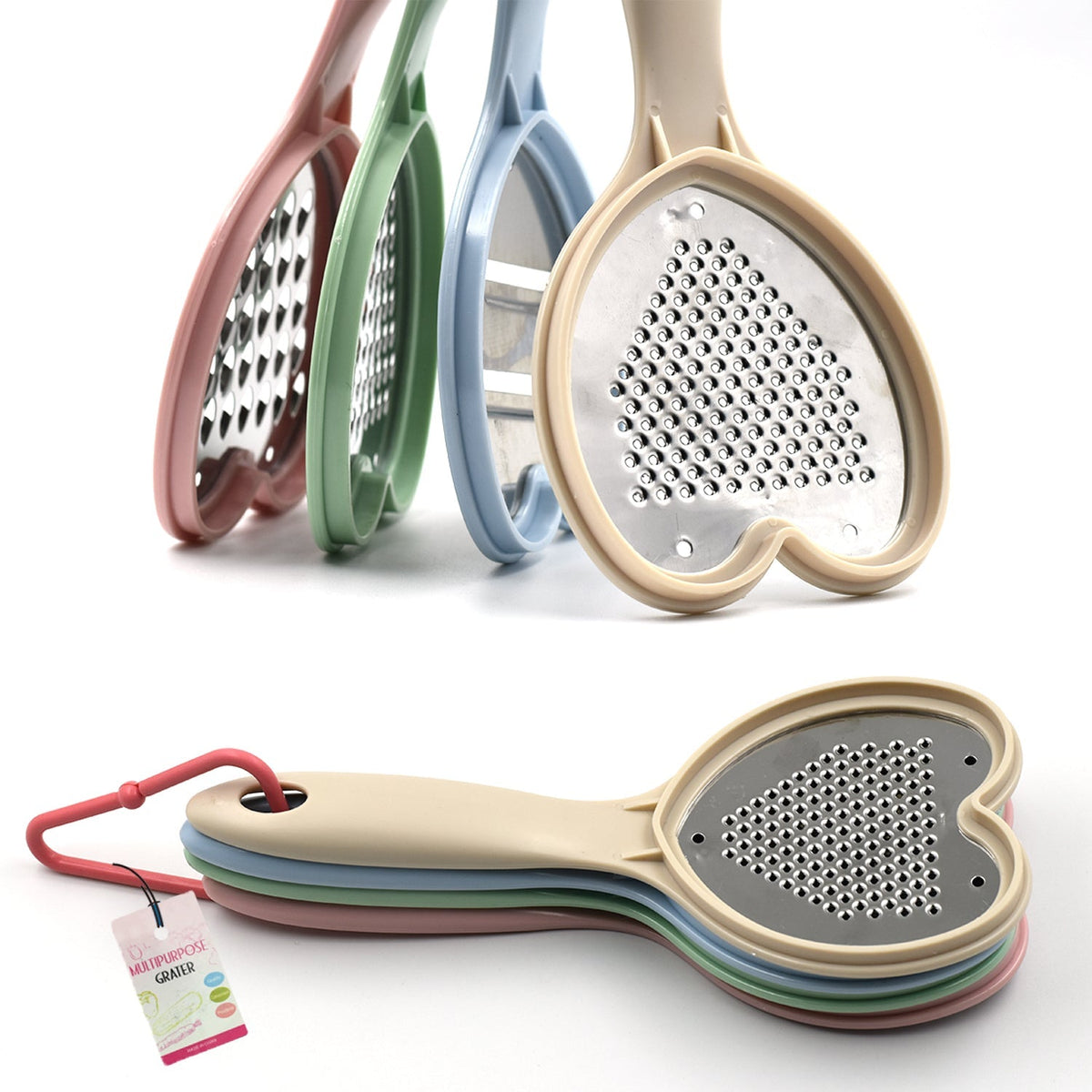 Heart Shape Stainless Steel Grater and Slicer Set with Plastic Outline for Fruits, Vegetables and Cheese