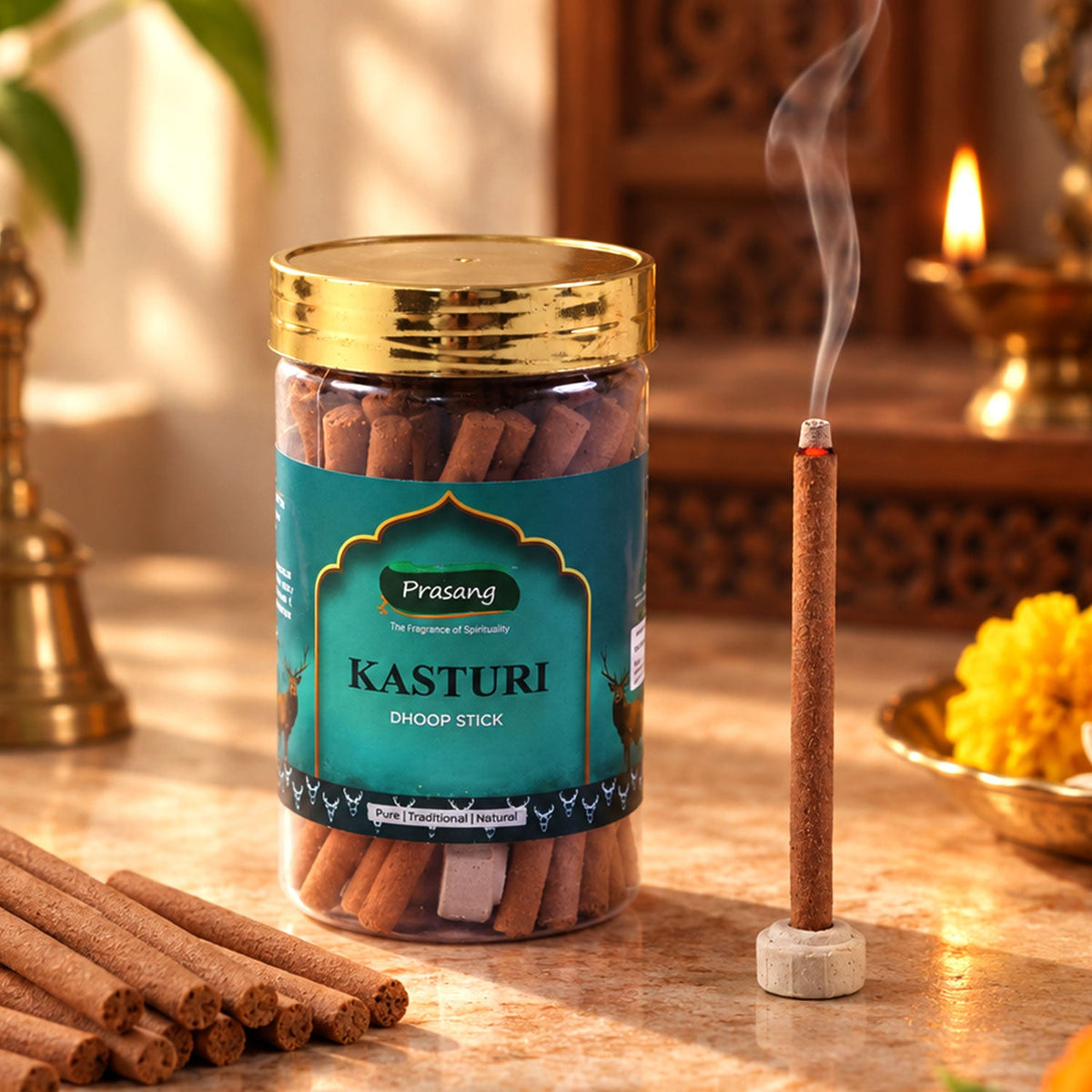Kasturi Dhoop Sticks with Holder in Resealable Jar, Thick Dry Incense Sticks for Daily Home Puja, Hindu Worship, Prayer Room, Meditation and Religious Rituals