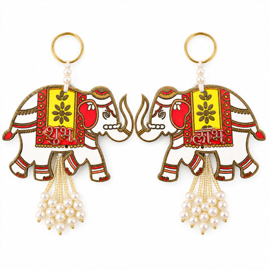 Wooden Elephant Shubh Labh Wall Hanging With Bead Tassels For Door And Festive Decor (2 Pc Set)