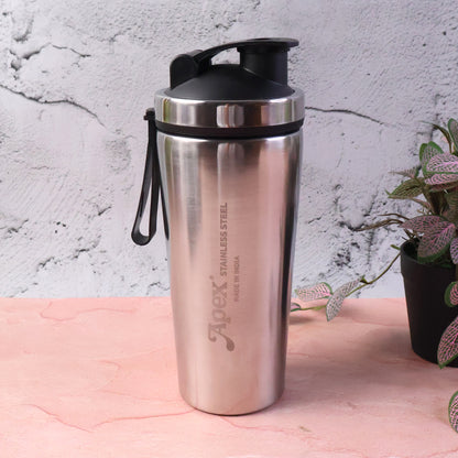 Apex Stainless Steel Gym Shaker Bottle with Spring, Leak-Resistant Flip Lid & Measurement Markings | Protein Shaker Bottle for Gym, Workout, Fitness, Sports & Daily Hydration (1 Pc)