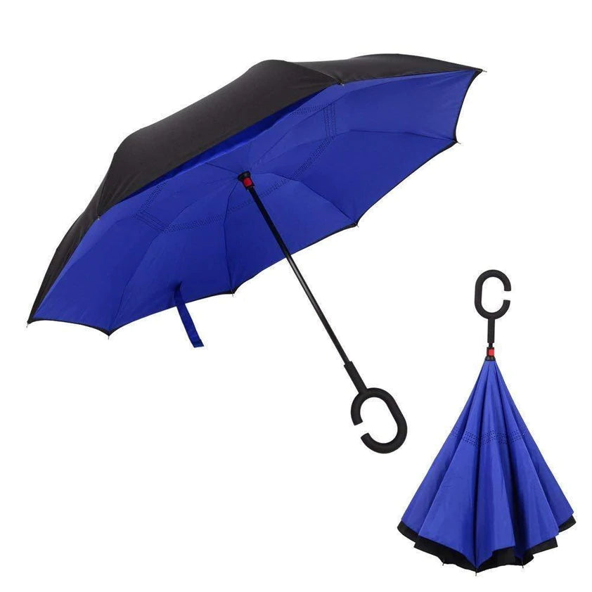 Plain Design Windproof Reverse Umbrella with C Shaped Handle, Upside Down Double Layer Inverted Waterproof Umbrella for Car Travel and Daily Use