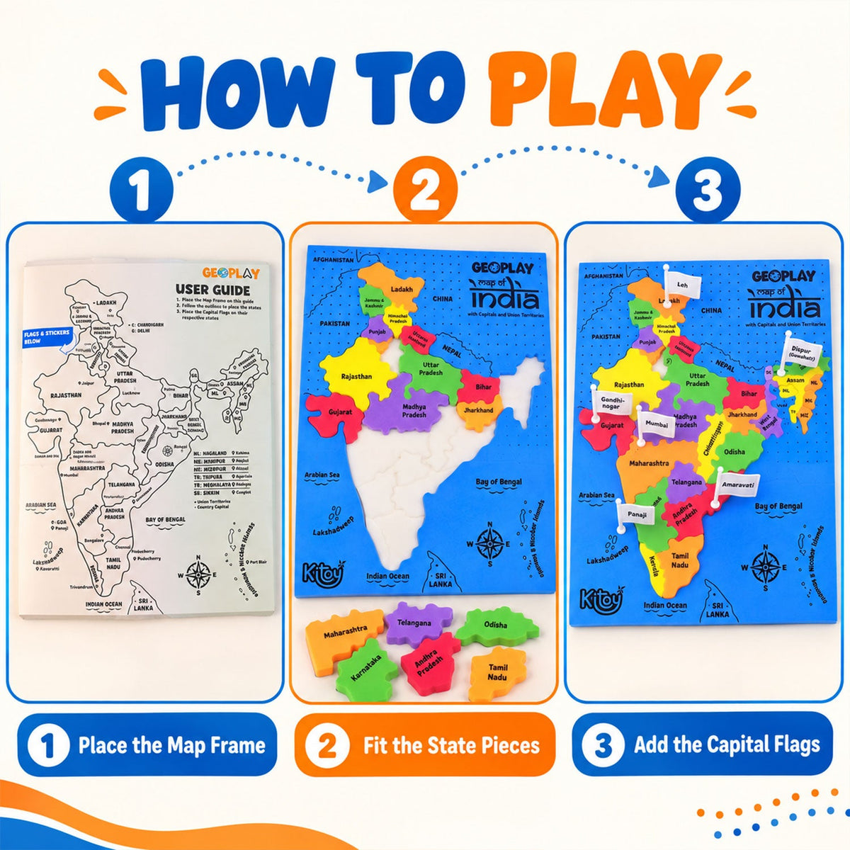 India Map Geography Learning Puzzle With State Pieces And Capital Flag Activity