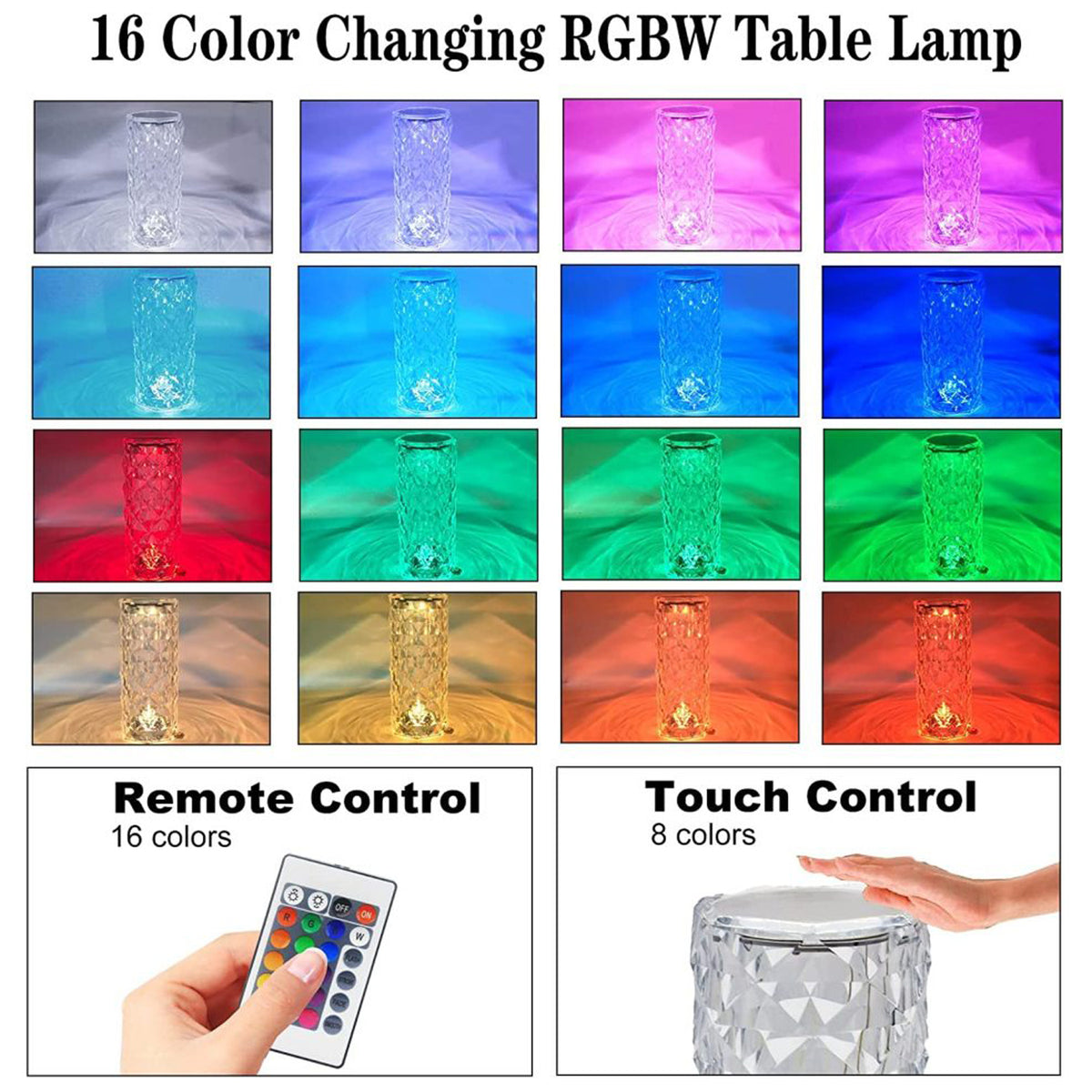Crystal Touch Night Light (16 Colors) - Rose Diamond Table Lamp With Remote Control
