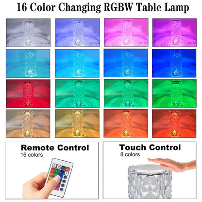 Crystal Touch Night Light (16 Colors) - Rose Diamond Table Lamp With Remote Control