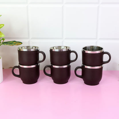 Apex Premium Double Wall Stainless Steel Cappuccino Mug Gift Set – 100 ML Insulated Coffee and Tea Cups with Handle – Set of 6 Brown Finish