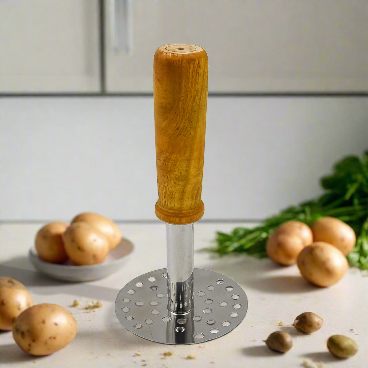 Stainless Steel Potato Masher with Wooden Handle, Heavy-Duty Vegetable Crusher and Pav Bhaji Masher for&nbsp; Everyday Kitchen Cooking (1 Pc)