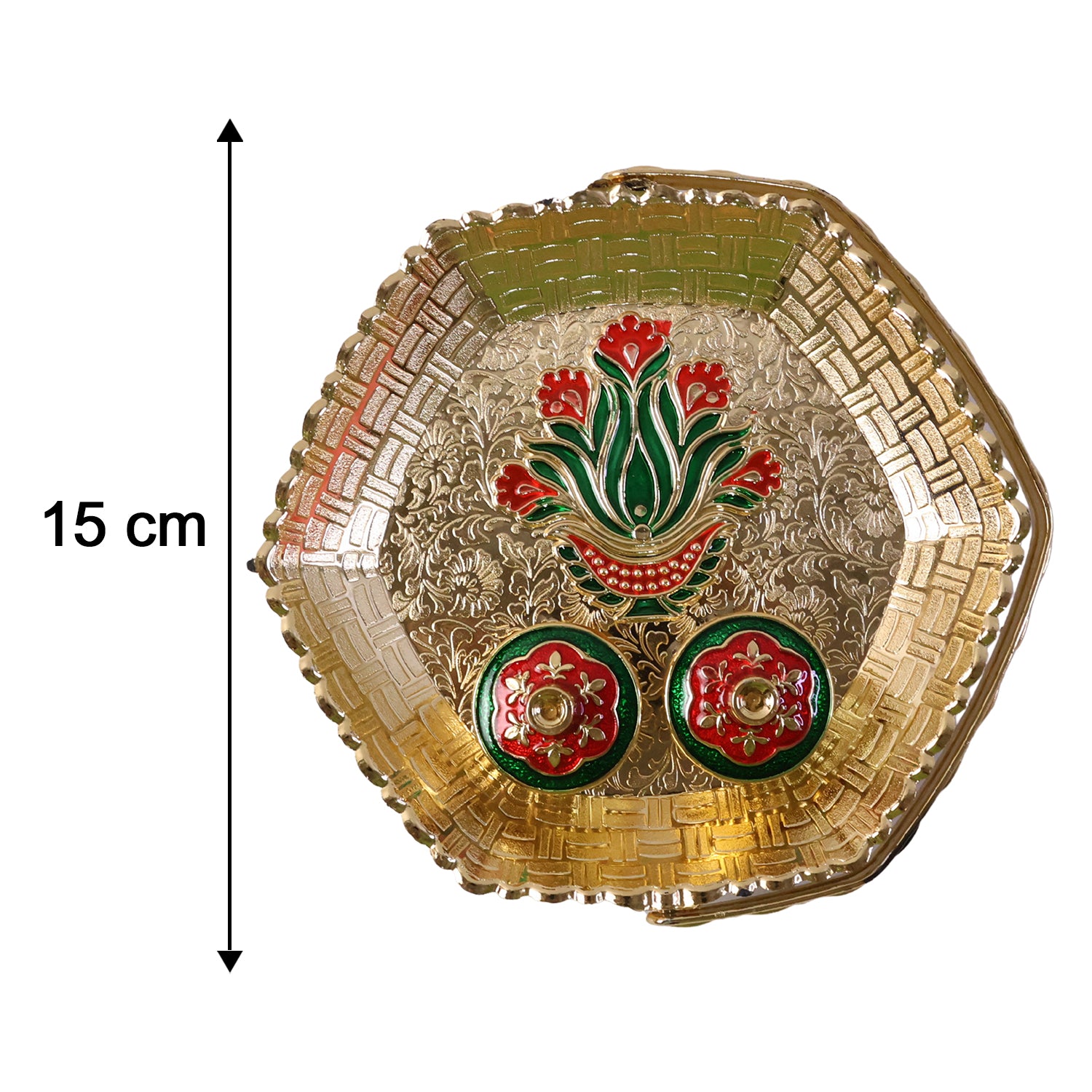Premium Golden Kumkum Kankavati Basket with Carry Handle and Two Lidded Containers for Haldi, Kumkum, Roli, Chawal, Pooja and Wedding Rituals (1 Pc)