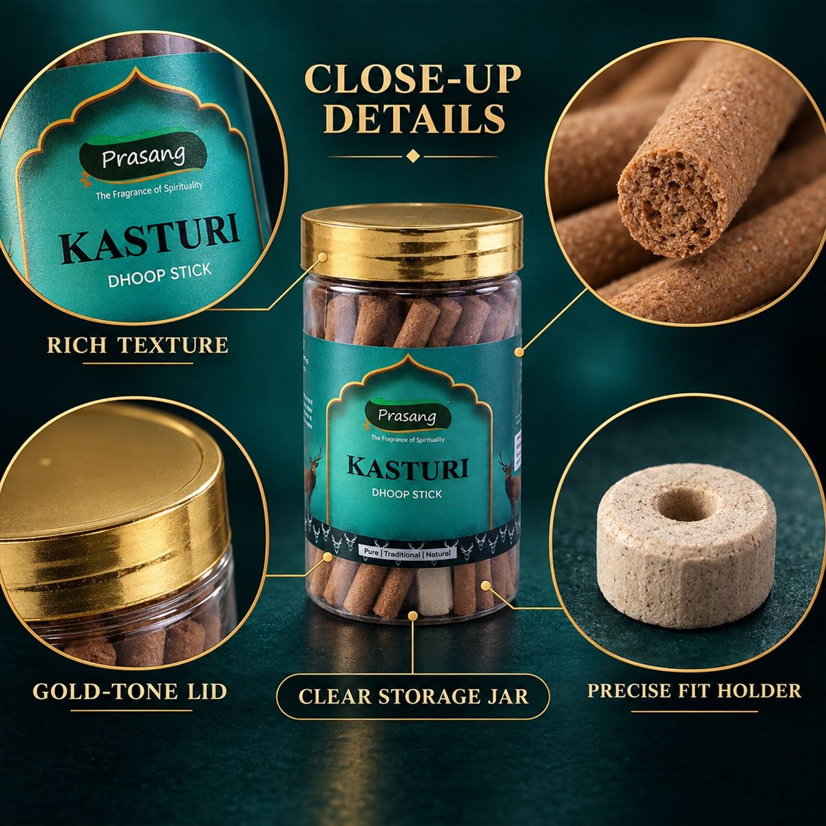 Kasturi Dhoop Sticks with Holder in Resealable Jar, Thick Dry Incense Sticks for Daily Home Puja, Hindu Worship, Prayer Room, Meditation and Religious Rituals