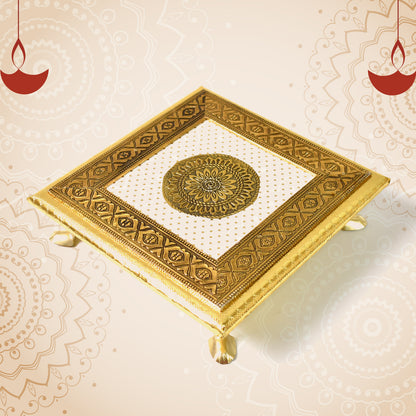 Golden Square Wooden Pooja Chowki Patla Bajot for Home Temple, Office Temple, Festivals and Religious Ceremonies 20 × 20 cm (1 Pc)