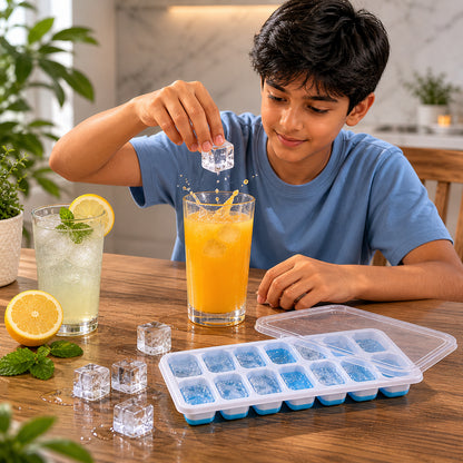 Multipurpose Plastic Ice Cube Tray with Lid, 14 Grid Easy Release Ice Maker Tray for Freezer, Chocolate, Jelly, Frozen Treats and Beverage Cooling (1 Pc)