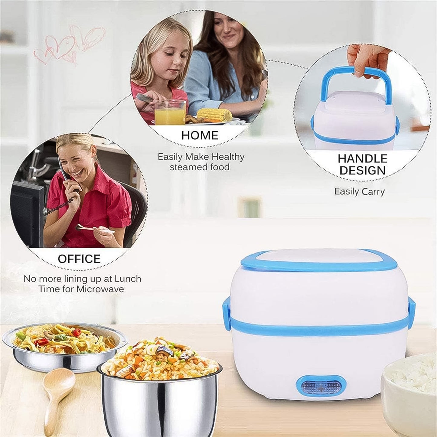 Electric Lunch Box 3 in 1 Food Heater Cooker and Steamer with Stainless Steel Bowls, Egg Steaming Tray, Spoon and Measuring Cup for Office, School and Travel (1 Set)