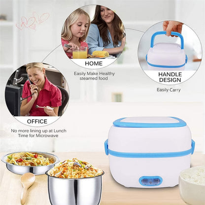 Electric Lunch Box 3 in 1 Food Heater Cooker and Steamer with Stainless Steel Bowls, Egg Steaming Tray, Spoon and Measuring Cup for Office, School and Travel (1 Set)