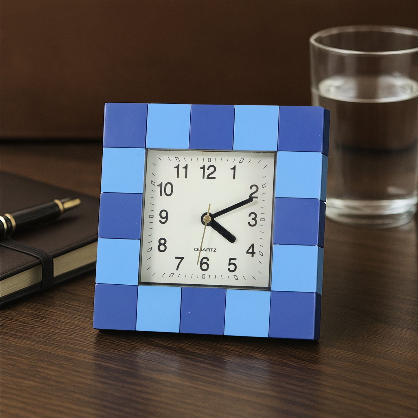 Square Quartz Table Clock Battery Operated Analog Desk Clock with Easy Read Dial and Modern Block Pattern Frame for Home, Office and Study Table