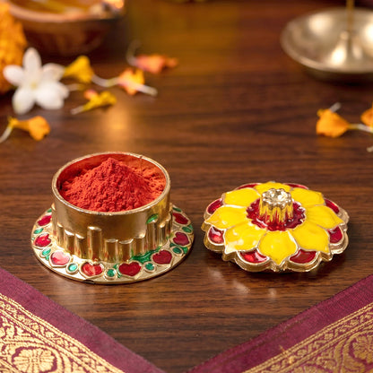Decorative Golden Kumkum Box Kankavati Traditional Sindoor Holder for Pooja, Temple, Worship and Home Decoration (1 Pc)