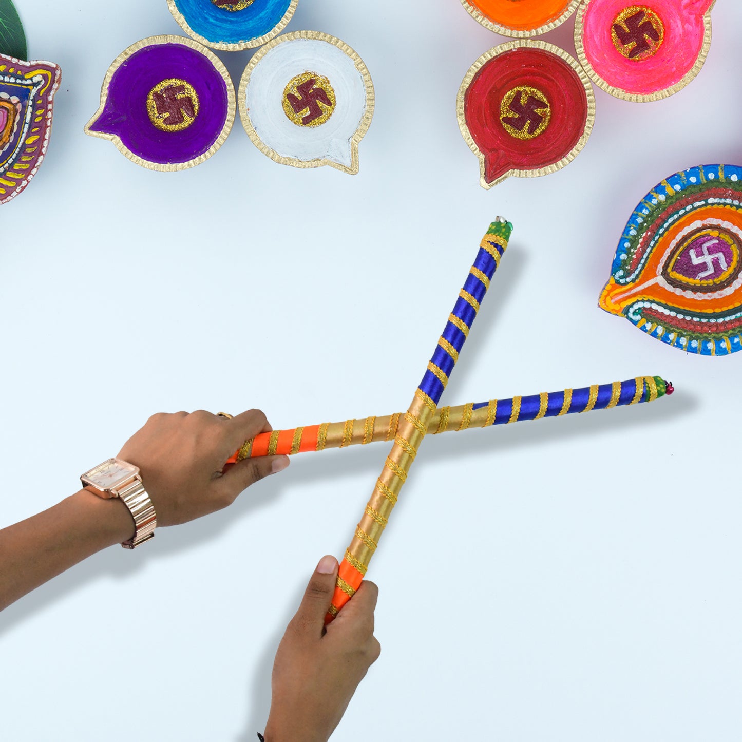 Traditional Decorative Dandiya Sticks Pair for Navratri and Garba – Colorful Wooden Dandiya Rods with Festive Wrapping (2 Pieces)