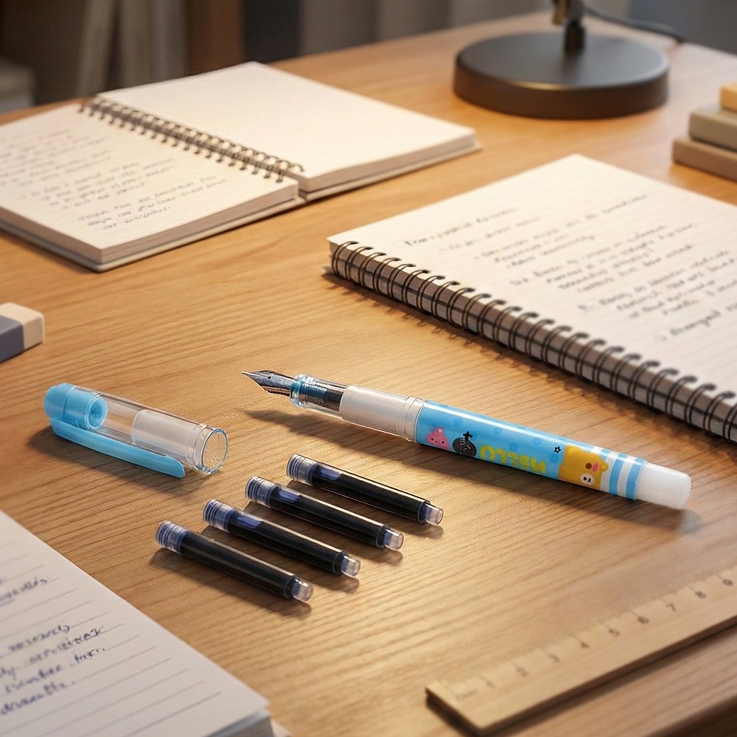 Cute Cartoon Liquid Ink-Pen Set with Refillable Ink Cartridges, Smooth Writing Fountain-Style Pen (1 Set)