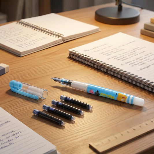 Cute Cartoon Liquid Ink-Pen Set with Refillable Ink Cartridges, Smooth Writing Fountain-Style Pen (1 Set)