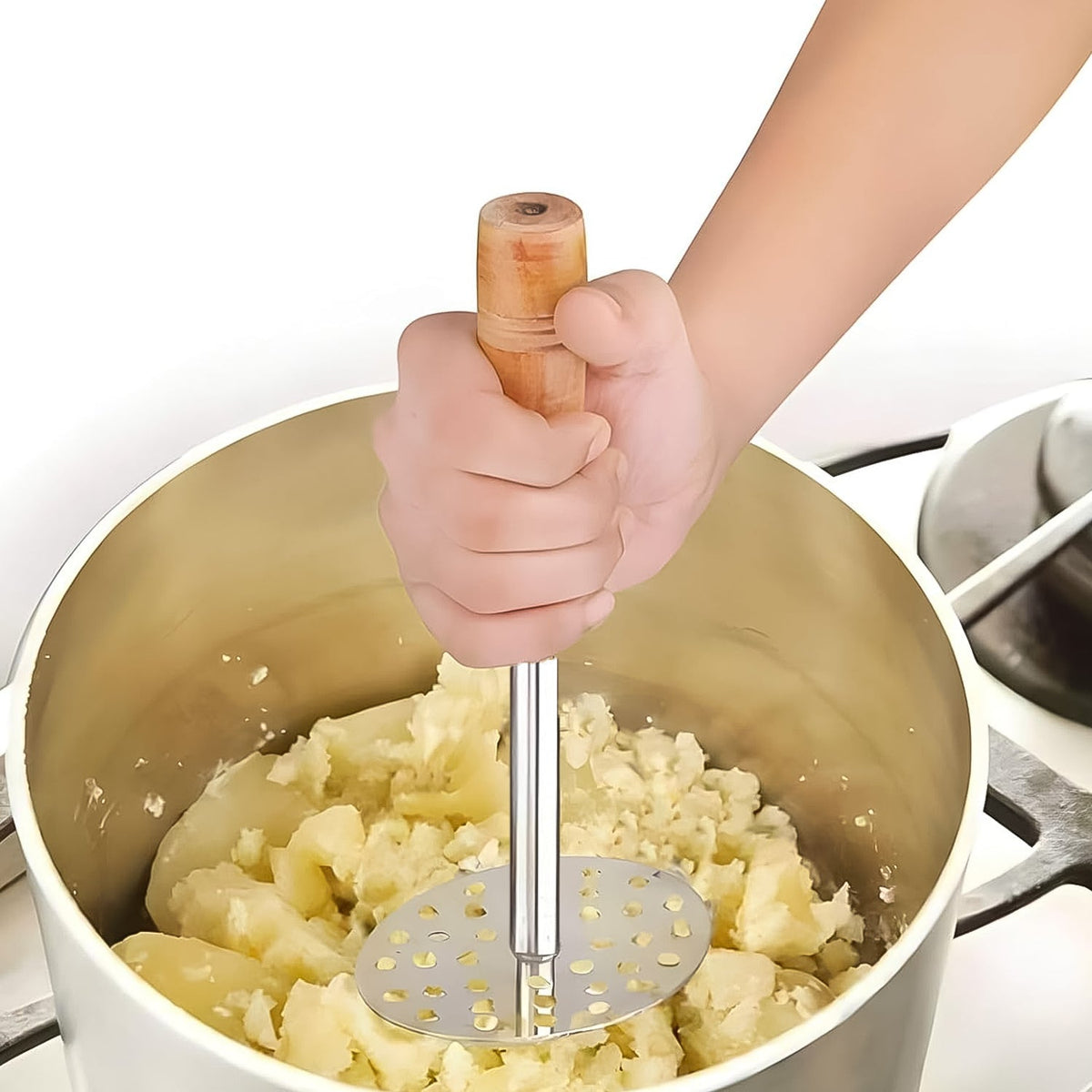 Stainless Steel Potato Masher with Wooden Handle, Heavy-Duty Vegetable Crusher and Pav Bhaji Masher for&nbsp; Everyday Kitchen Cooking (1 Pc)