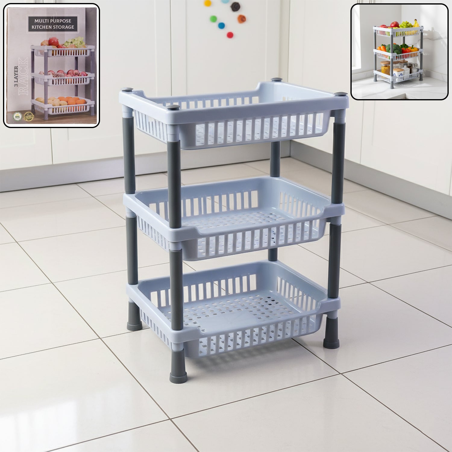 3 Layer Multipurpose Kitchen Storage Basket Rack Ventilated Plastic Organizer Stand for Fruits Vegetables Snacks Pantry Bathroom and Home Storage (1 Pc)
