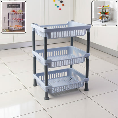 3 Layer Multipurpose Kitchen Storage Basket Rack Ventilated Plastic Organizer Stand for Fruits Vegetables Snacks Pantry Bathroom and Home Storage (1 Pc)