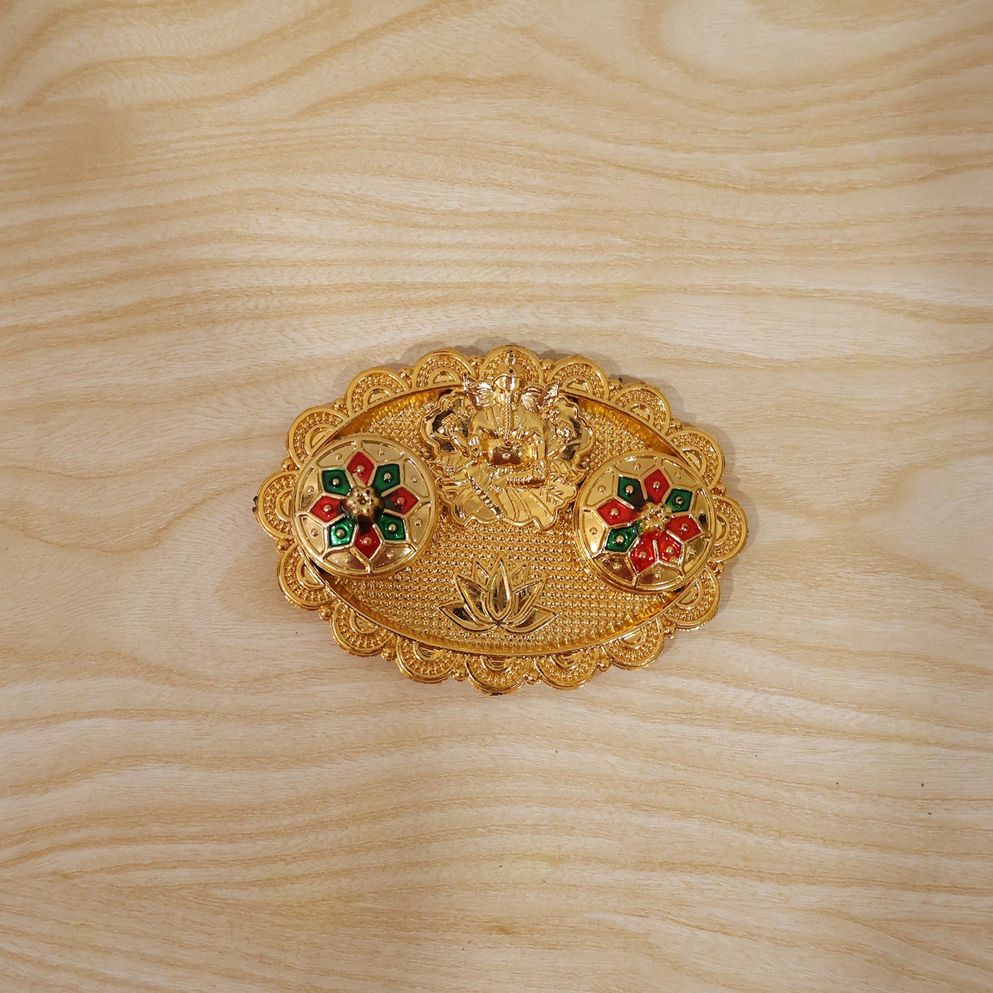 Ganesh Meenakari Kumkum Holder Golden Metal Oval Kankavati with Double Compartments for Kumkum Haldi Roli Chandan and Akshat (1 Pc)