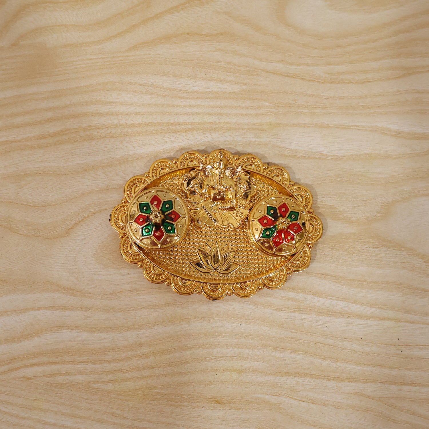Ganesh Meenakari Kumkum Holder Golden Metal Oval Kankavati with Double Compartments for Kumkum Haldi Roli Chandan and Akshat (1 Pc)