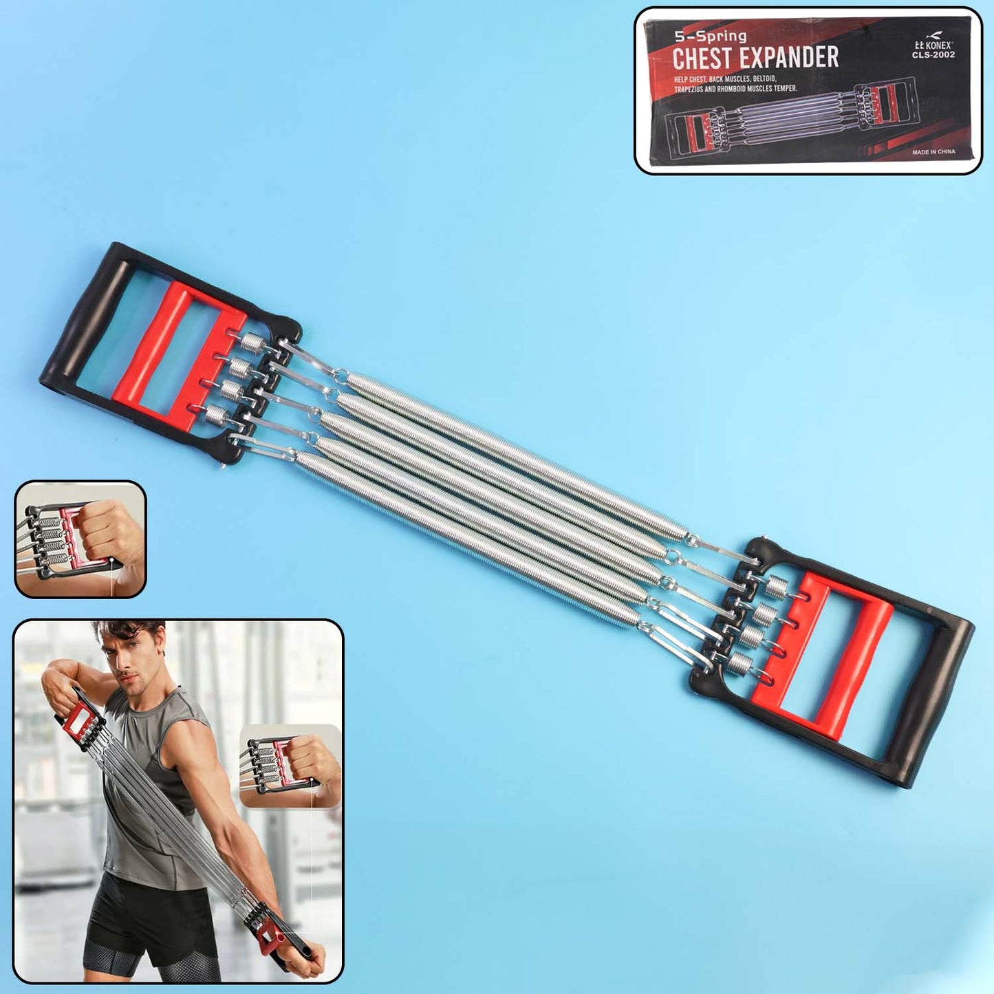 5-Spring Chest Expander for Home Workout – Heavy-Duty Adjustable Resistance Pull Exerciser with Detachable Steel Springs and Non-Slip Handles for Chest, Back, Shoulder, Arm and Upper-Body