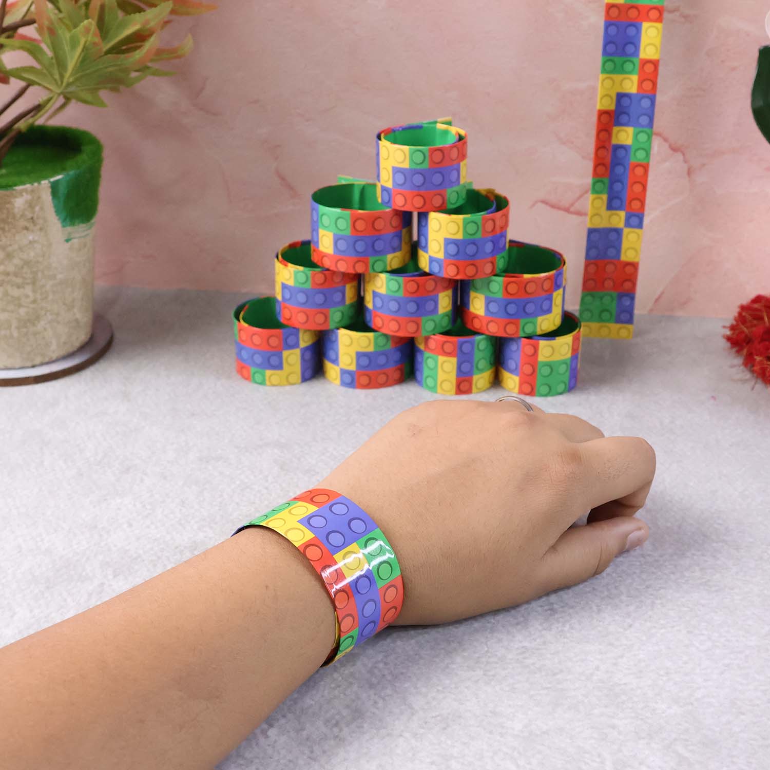 Colorful Snap Slap Bracelet Toy Set – 12 Pc Fun Wrist Band Toys for Kids, Multicolor Brick Pattern Snap-On Bracelets for Party Favors, Return Gifts & Playtime Fun