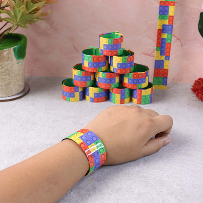 Colorful Snap Slap Bracelet Toy Set – 12 Pc Fun Wrist Band Toys for Kids, Multicolor Brick Pattern Snap-On Bracelets for Party Favors, Return Gifts & Playtime Fun
