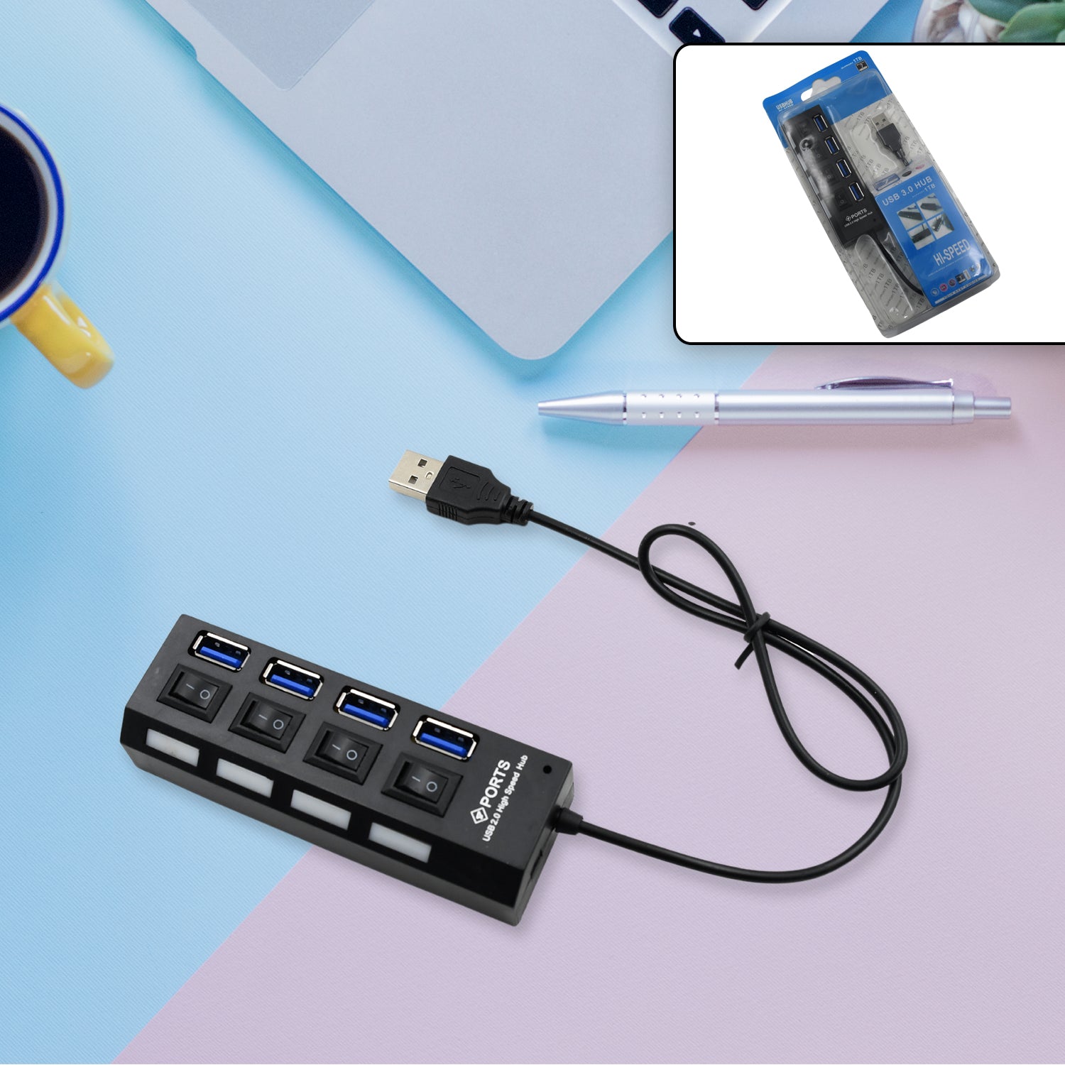 4 Port USB 2.0 Hub Splitter with Individual On/Off Switches and LED Indicators – High-Speed Multi USB Adapter for Laptop, PC and Tablet