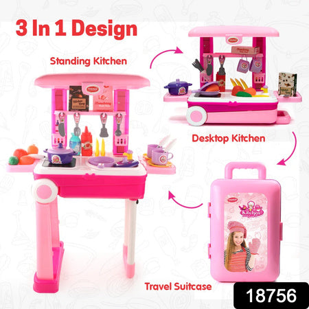 3 in 1 Kids Kitchen Play Set Trolley Suitcase Portable Pretend Cooking Toy with Accessories for Girls and Boys 3+ Years (1 Set)