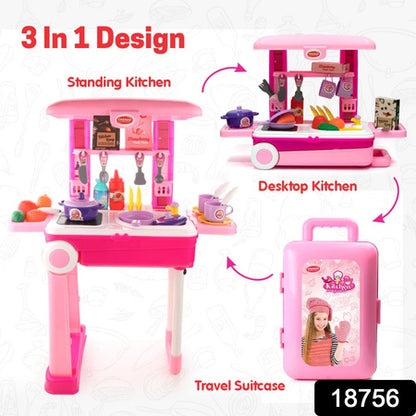 3 in 1 Kids Kitchen Play Set Trolley Suitcase Portable Pretend Cooking Toy with Accessories for Girls and Boys 3+ Years (1 Set)