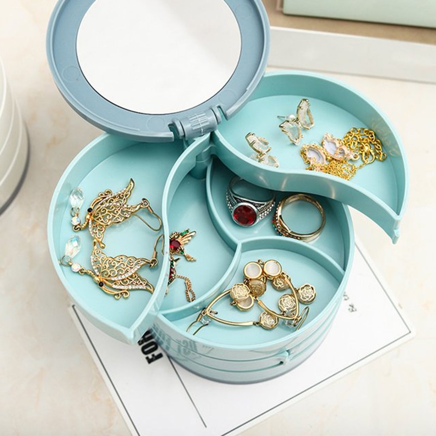 4 Layer 360 Degree Rotating Jewelry Storage Box with Mirror Portable Organizer for Rings Earrings Necklaces and Accessories (1 Pc)