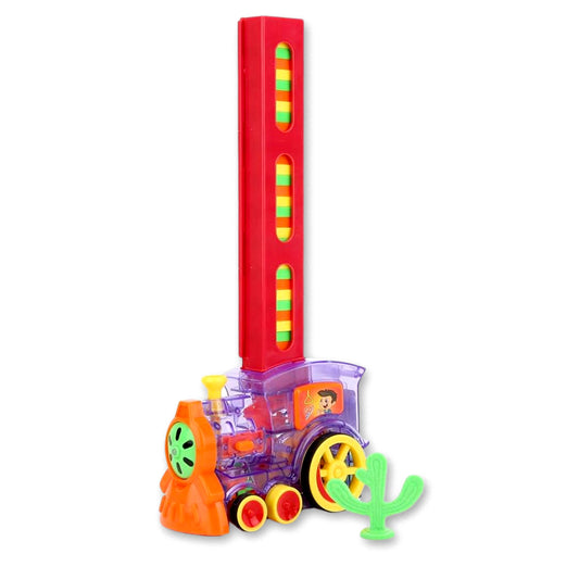 Automatic Domino Train Toy Set with 60 Colorful Blocks Music Lights Transparent Engine for Kids Age 3 Plus (Batteries Not Included)