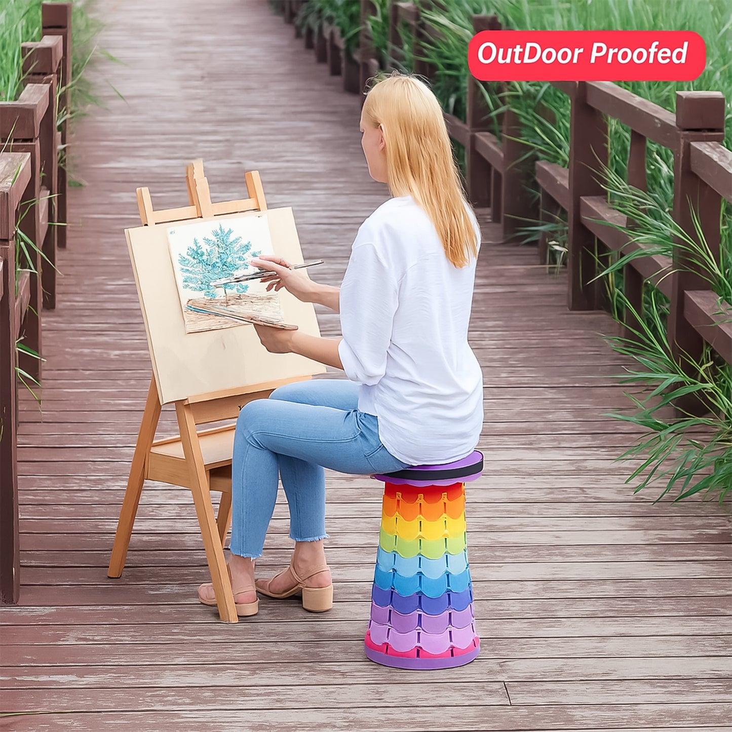 Portable Telescopic Folding Stool – Adjustable Height Collapsible Travel Chair with Carry Strap for Camping, Picnic, Fishing, Outdoor and Home Use (Rainbow Design)