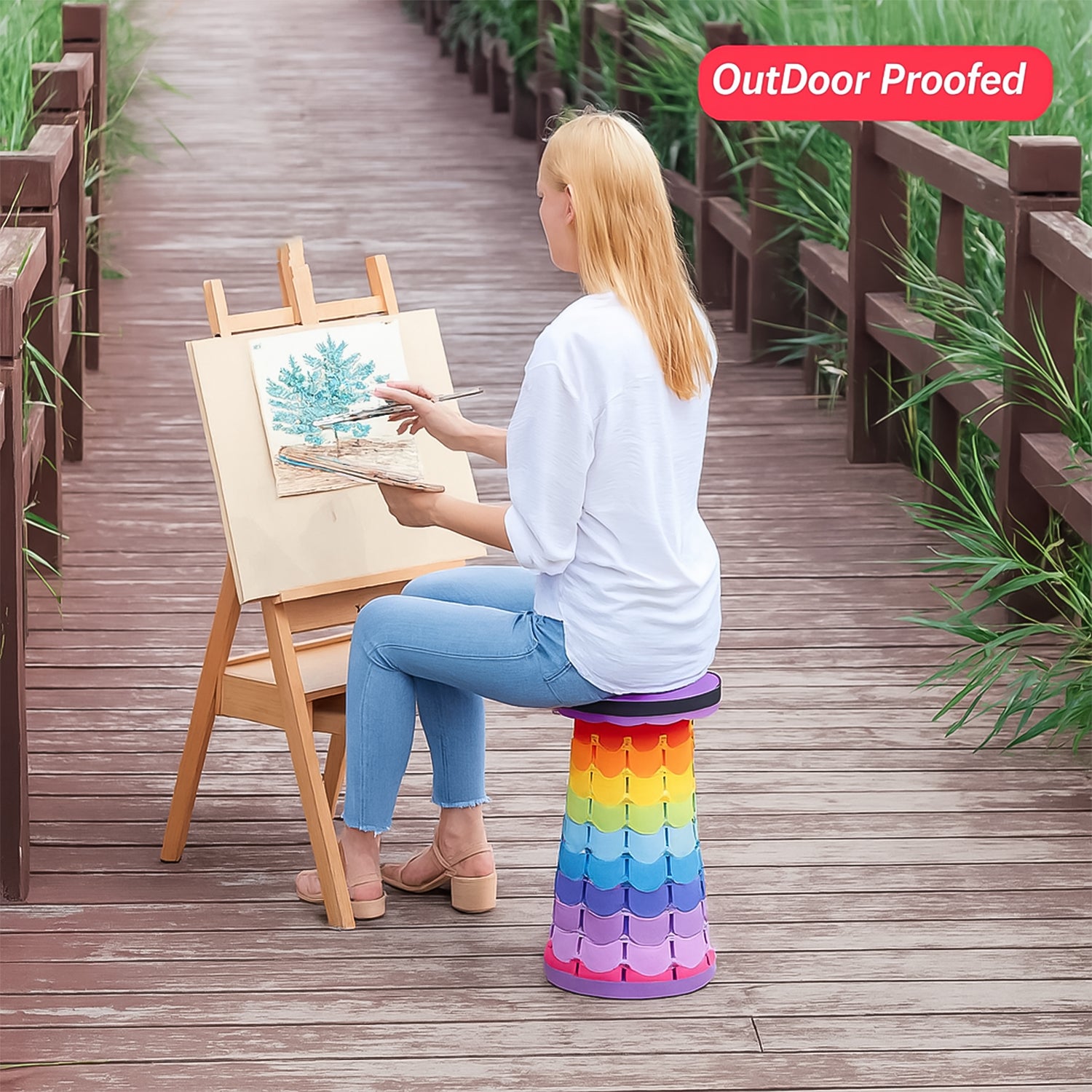 Portable Telescopic Folding Stool – Adjustable Height Collapsible Travel Chair with Carry Strap for Camping, Picnic, Fishing, Outdoor and Home Use (Rainbow Design)