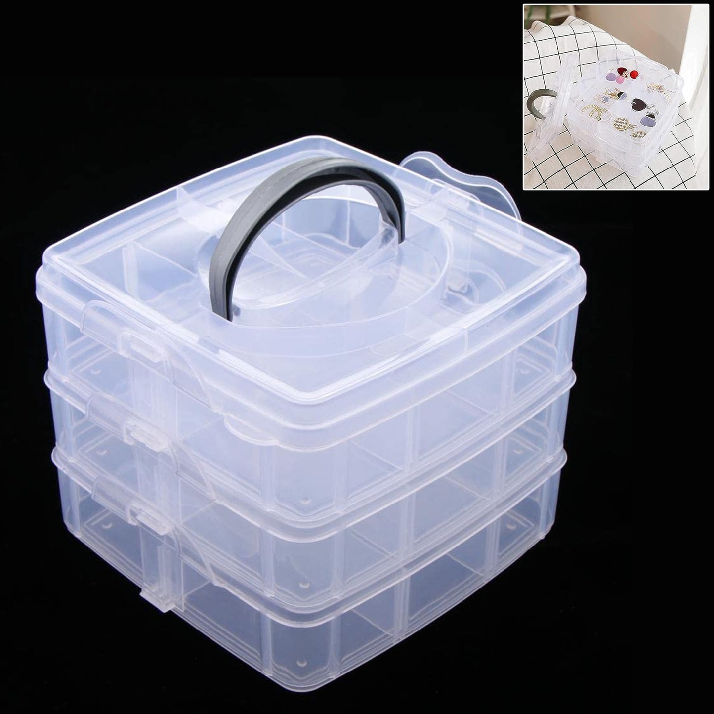 3 Tier Transparent Stackable Craft Storage Box | 18 Adjustable Compartments Plastic Organizer for Jewellery, Beads, Makeup, Nail Art, Sewing Accessories and DIY Supplies