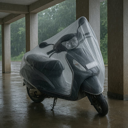 Disposable Plastic Activa Cover – Big Size Dustproof and Waterproof Bike Cover for Rain Protection – Transparent One-Time Use Scooter Cover for Outdoor Parking, Monsoon and Travel Use (1 Pc)