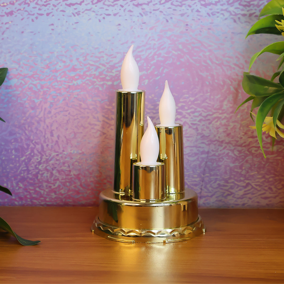 Golden LED Flameless Candle Lamp with Triple Candle Design, Battery Operated Flickering Electronic Candle Light for Home Decor, Diwali, Pooja Room, Christmas, Weddings, Parties and Festive Gifting (1 Pc)