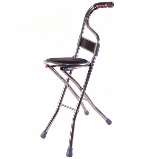 Folding Walking Stick with Seat and Backrest 4 Legged Portable Cane Chair Lightweight Walking Support Stool for Elderly Travel Outdoor Use (1 Pc)