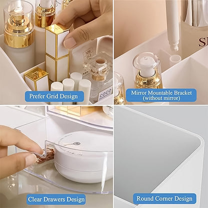 Multi Functional Vanity Storage Box with Rotating Organizer Tray and Dual Transparent Drawers Makeup Cosmetic Organizer White (1 Pc)