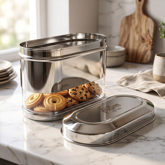 Supermom Modular Oval Stainless Steel Kitchen Storage Canister 1500 ML, Airtight Food Storage Container with Transparent Window for Tea, Coffee, Sugar and Pantry Organization