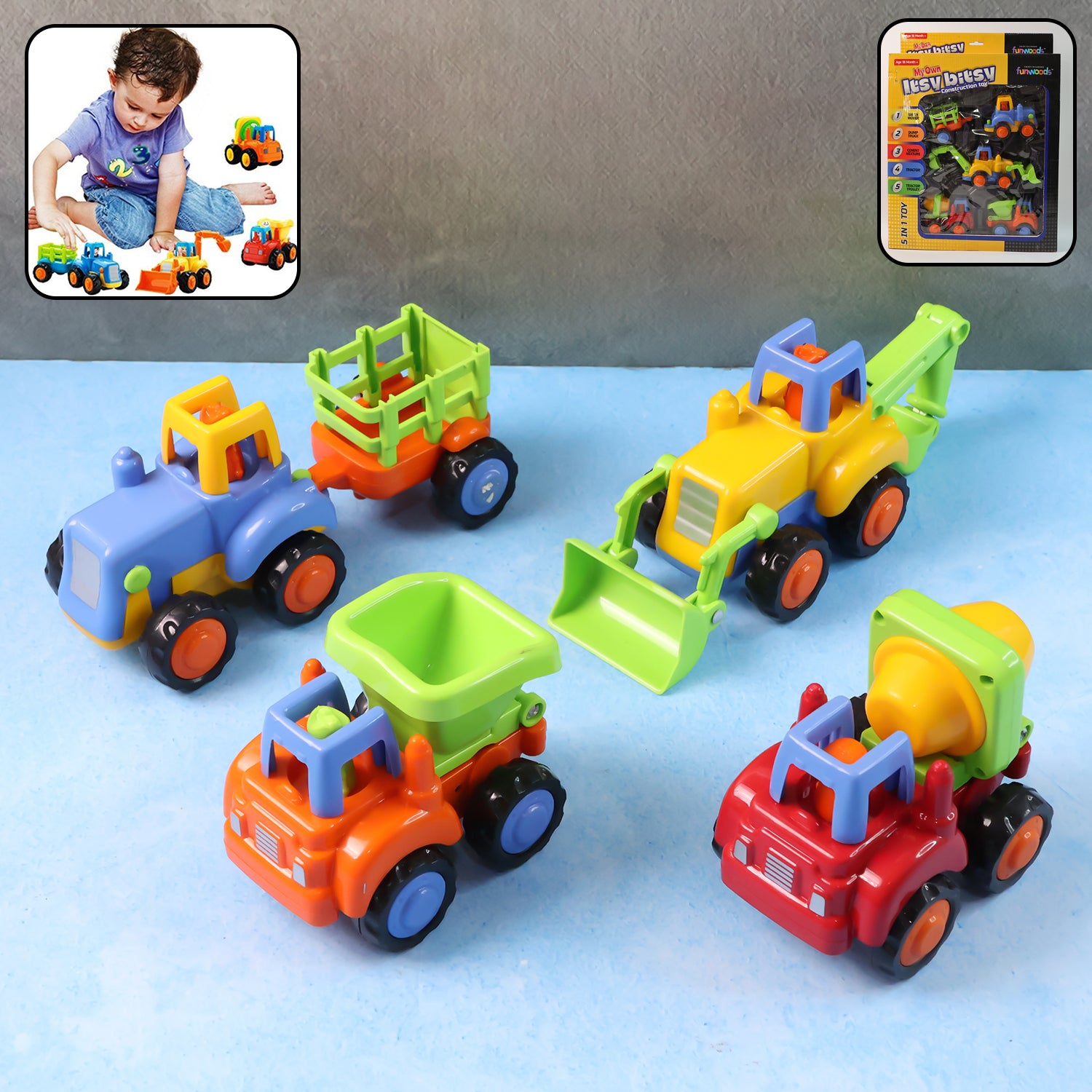 Funwoods 4 Piece Construction Vehicle Toy Set for Kids | Mini Pull-Back Engineering Trucks with Dumper, Cement Mixer, Tractor & Loader for Toddlers & Preschoolers (4 Pc Set)