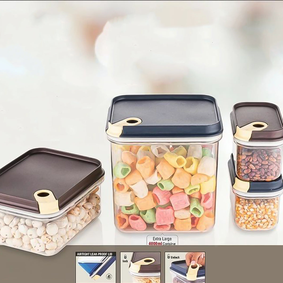 Ritu Push 'N' Lock Airtight Food Storage Container Set of 4, Plastic Pantry Jars with Push-Lock Lids for Snacks, Pulses, Pasta, Cereals and Dry Fruits
